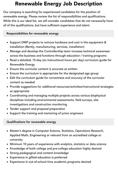 Renewable Energy Job Description | Velvet Jobs