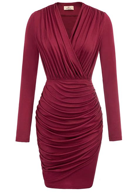 Grace Karin Women Retro Long Sleeve Ruched Wrap Party Pencil Dress