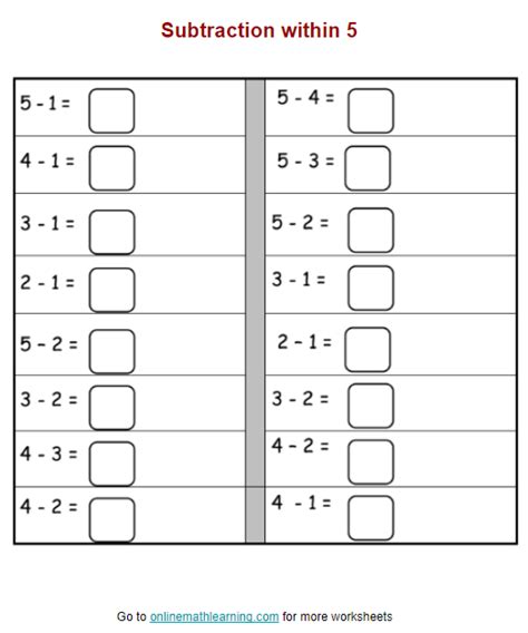 Subtraction Within 5 Worksheets Kindergarten Printable