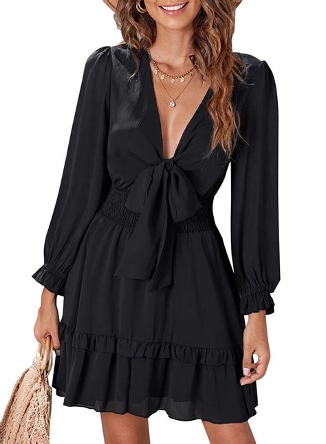 Dokotoo Women S Black Tiered Chiffon Elegant Mini Dress Spring Deep V