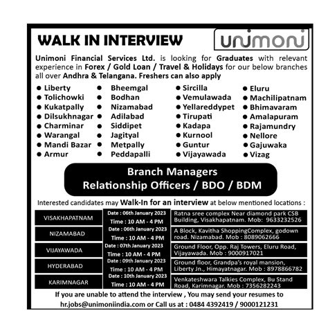 Unimoni India on Twitter: "We urgently seek qualified Graduates for our Andhra Telangana ...