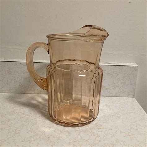 Anchor Hocking Pink Pillar Optic Or Log Cabin Ice Lip Pitcher 64 Oz Vintage Glass Pitcher 1930s