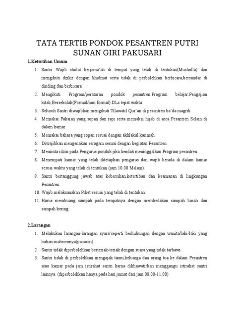 Tata Tertib Pondok Pesantren Putri Sunan Giri Pakusari Pdf