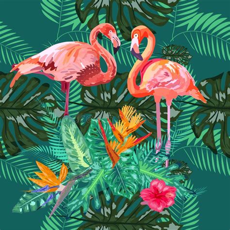 Tropical Trendy Seamless Pattern With Pink Flamingos And Mint Green