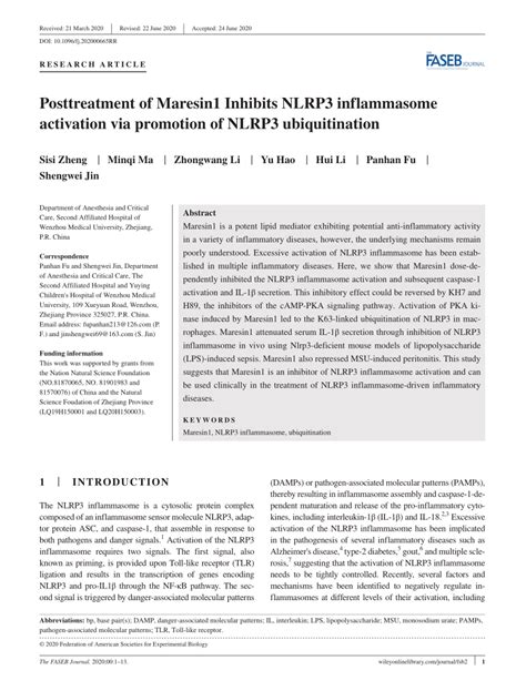 PDF Posttreatment Of Maresin1 Inhibits NLRP3 Inflammasome Activation