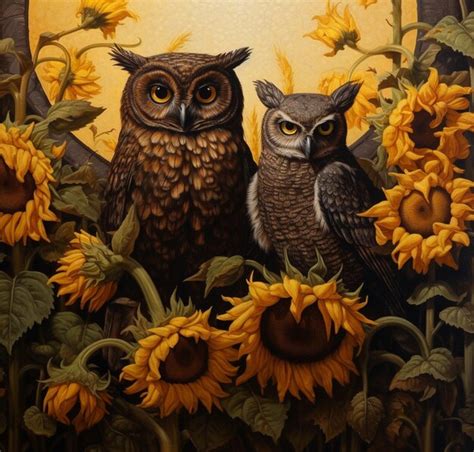 Premium Photo Painting Of Two Owls Sitting On A Tree Branch