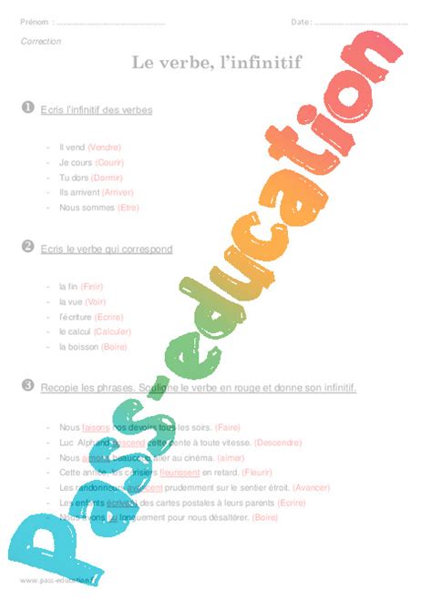 Le verbe et linfinitif Ce2 Exercices de conjugaison PDF à imprimer