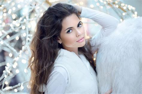 Winter Beauty Woman Beautiful Brunette Girl With Long Hair Posi Stock Photo By VictoriaAndrea