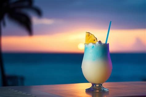 Premium Photo Pina Colada Cocktail On Sunset Tropical Scenery Background Generative Ai