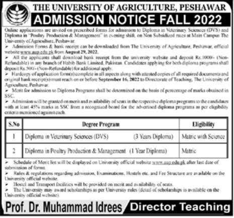 The University Of Agriculture Peshawar DVS And PPM Admissions 2022 2025