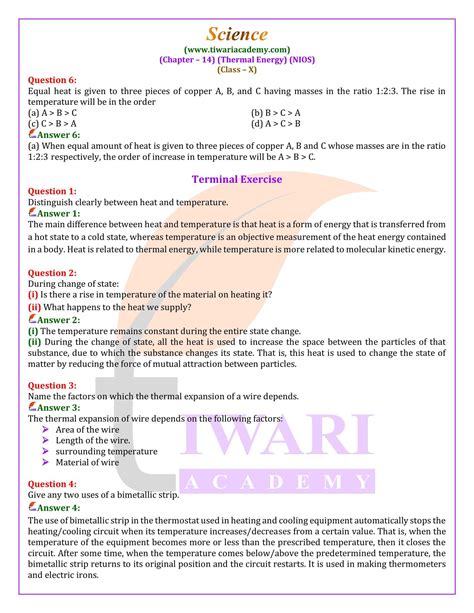 Nios Class Science Chapter Thermal Energy Question Answers