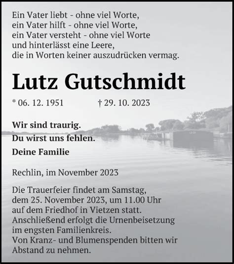 Traueranzeigen Von Lutz Gutschmidt Trauer Nordkurier