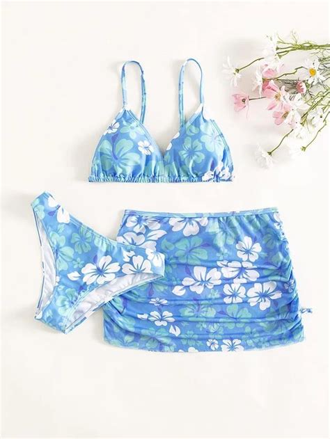 Shein Tween Girl Pack Floral Print Bikini Swimsuit Ruched Beach