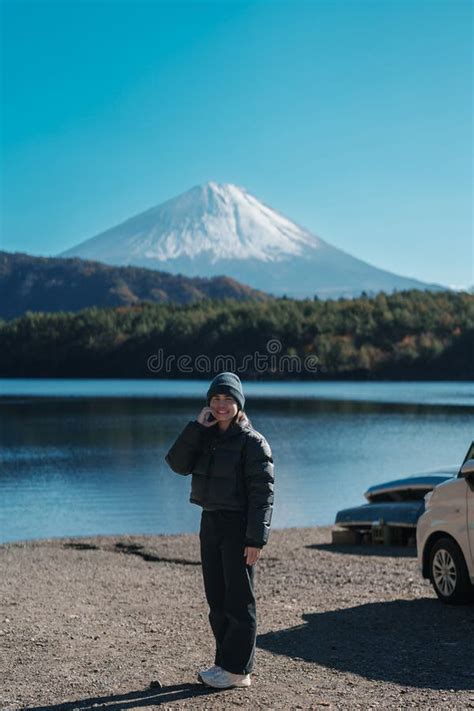 Woman Tourist Enjoy With Fuji Mountain At Lake Saiko Happy Traveler