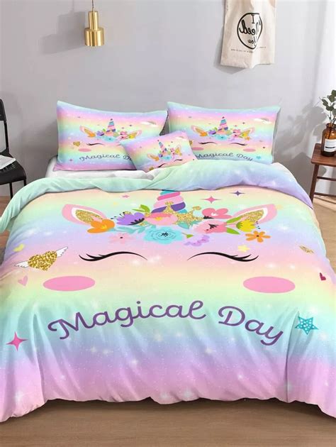 Oecpkd unicorn rainbow soft girls comforter set 3 piece pink flower ...