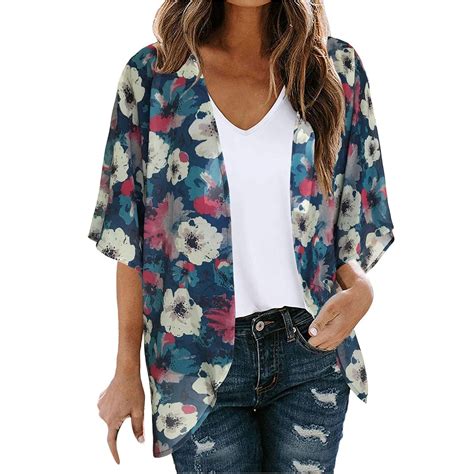 Jsaierl Womens Floral Print Puff Sleeve Kimono Cardigan Loose Cover Up Casual Blouse Tops