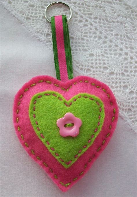 Felt Key Ring Or Bag Charm Bright Pink And Lime Green Heart Felt