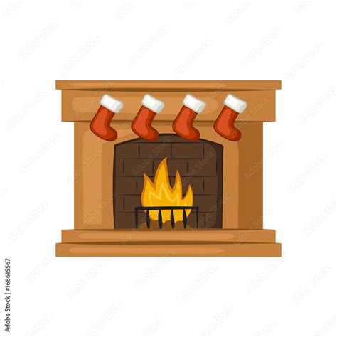 Christmas fireplace with red stockings. Cartoon icon. Vector ...