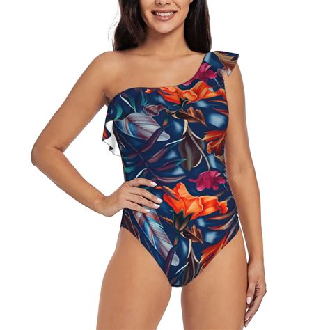 Easygdp Tropical Flower Womens One Shoulder Ruffle Monokini Bathing