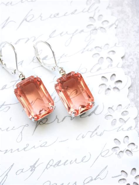 Peach Glass Earrings Copper Drop Silver Rhinestone Earrings Etsy