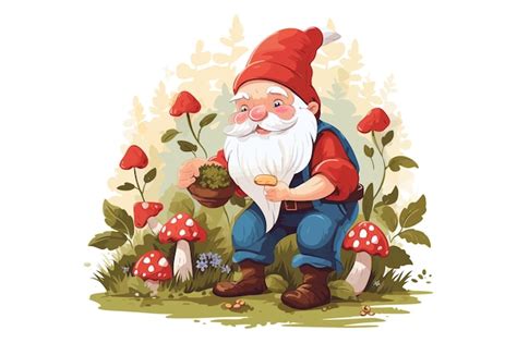 Premium Vector Cute Bearded Gnome Picking Elder Berries Happy Smiling