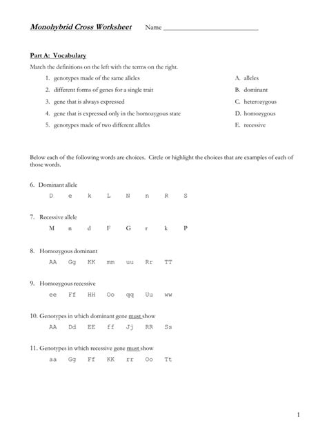 Monohybrid Cross Worksheet Genetics Practice