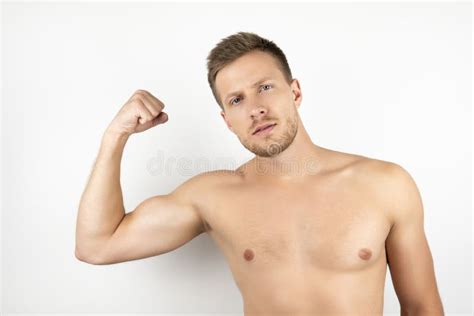 Image Of Handsome Fit Man With Naked Torso Holding Parfume White Isolated Background Stock Photo