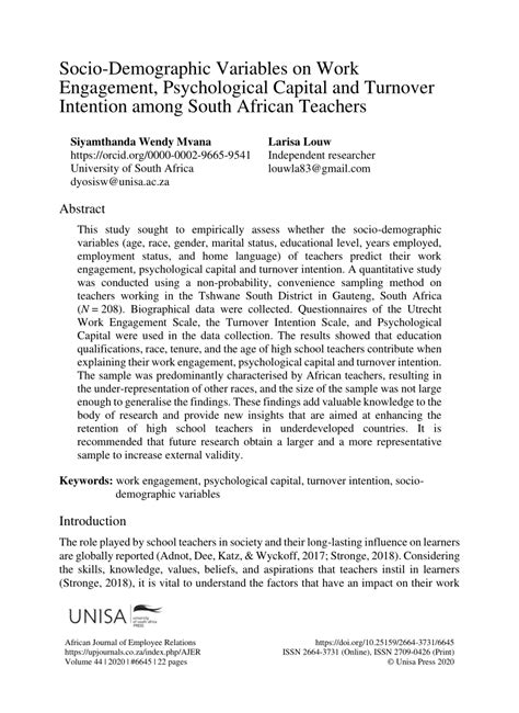 Pdf Socio Demographic Variables On Work Engagement Psychological Capital And Turnover