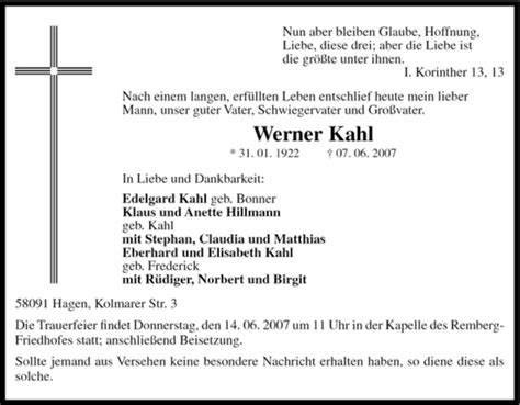 Traueranzeigen Von Werner Kahl Trauer In NRW De