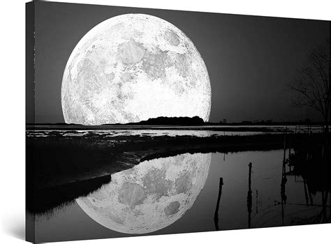 Startonight Canvas Wall Art Black And White Abstract Full Moon On The