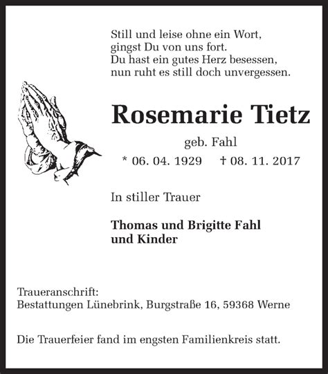 Traueranzeigen Von Rosemarie Tietz Sich Erinnern De