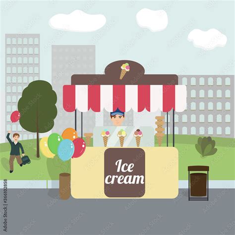 Ice Cream Shop Vector Illustration Man Selling Ice Cream At An Ice