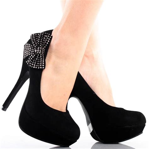 Black Suede Rhinestone Bow Formal Women Stiletto Heel Platform Stiletto Heels Platform Heels