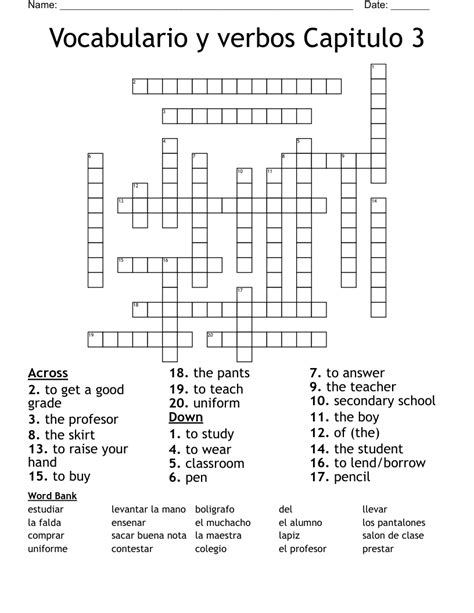 Vocabulario Y Verbos Capitulo 3 Crossword WordMint