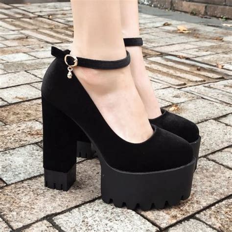 Black Velvet Punk Rock Thick Chunky Sole High Heels Mary