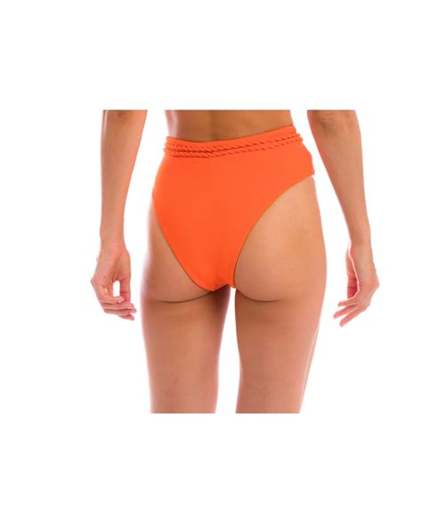 Orange Textured High Waist Bikini Bottom With Twisted Rope Bottom St