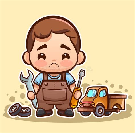 Little Cute Mechanic Repairing His Toy Truck Vector Illustration Stock