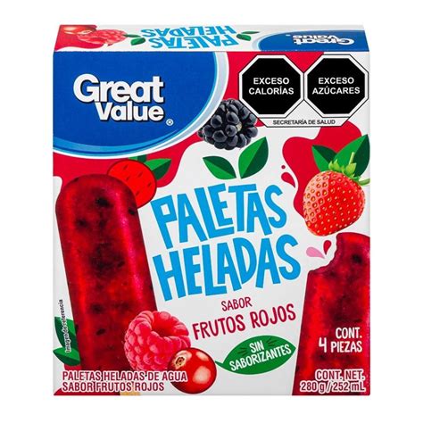 Paletas Heladas De Agua Great Value Sabor Frutos Rojos 4 Pzas De 70 G C