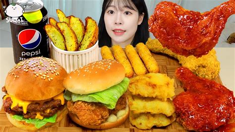 Asmr Mukbang 직접 만든 햄버거 양념치킨 치즈스틱 먹방 And 레시피 Fried Chicken And Hamburger