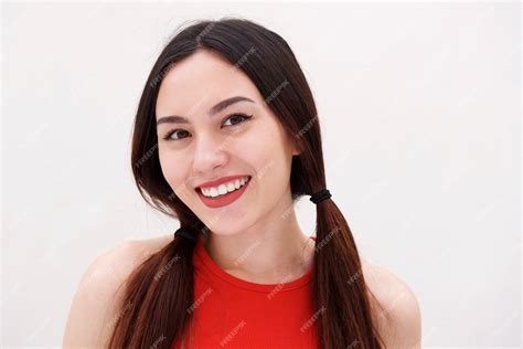 Premium Photo Close Up Cheerful Woman Smiling On White Background