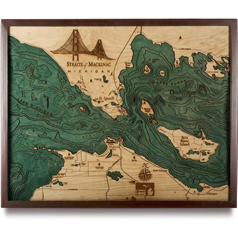 Straits of Mackinac Wooden Map Art | Topographic 3D Chart