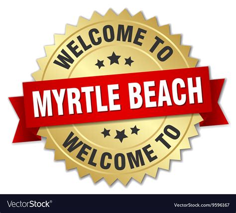 Myrtle beach 3d gold badge with red ribbon Vector Image