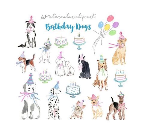 Birthday Dogs Clip Art Collection - Watercolor Dogs - Watercolor Clip Art - Party Clip Art ...