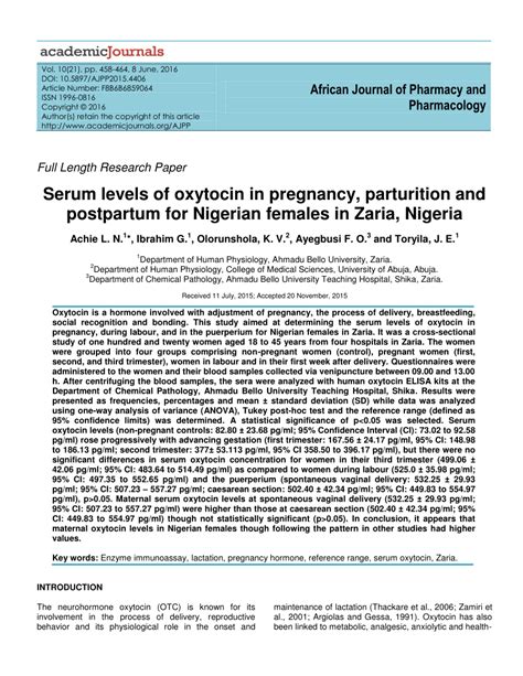 (PDF) Serum levels of oxytocin in pregnancy, parturition and postpartum ...