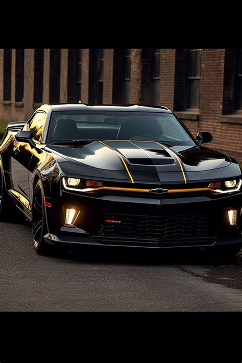 Sleek And Powerful Black Camaro With Yellow Stripes