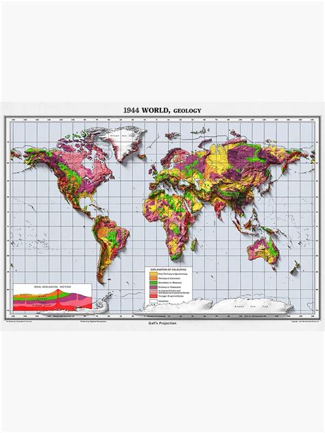 1944 Vintage World Geology Relief Map Print With 3D Illusion