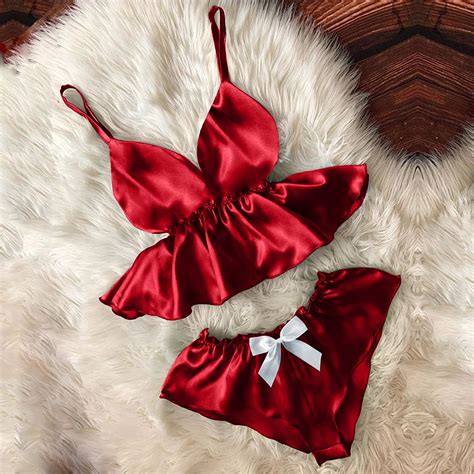 POTETI Lingerie Set For Women Lace Satin Silk Red Underwear Bowknot