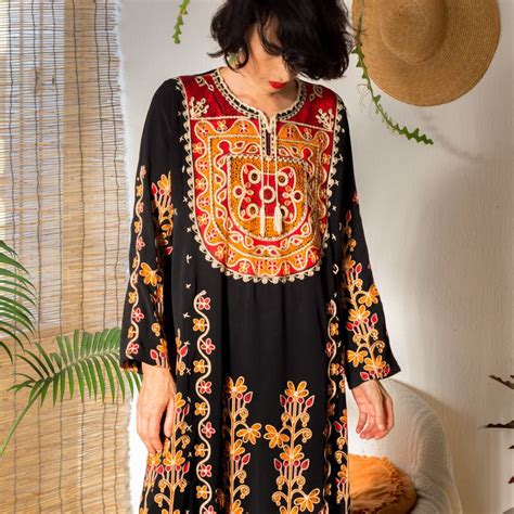 Authentic Embroidery Vintage Caftan 70s Black Bedouin Dress Boho Chic