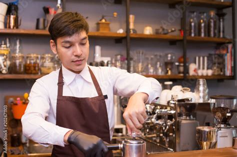 Asian Male Barista Making Coffee In Coffee Shop Counter Barista Male