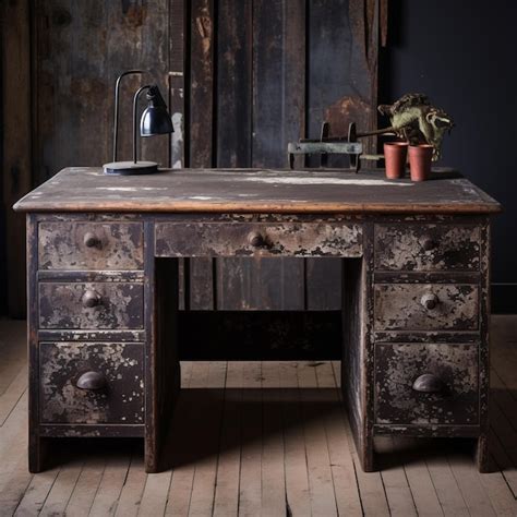 Premium Photo Vintage Industrial Desk With Rustic Charm And Natural Grain